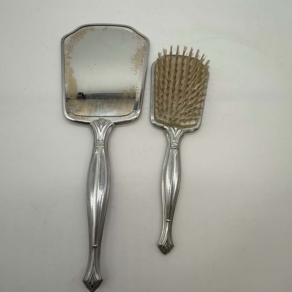 Vintage Art Deco Silver Tone Hand Mirror Hair Brush Vanity Set Pinstripe